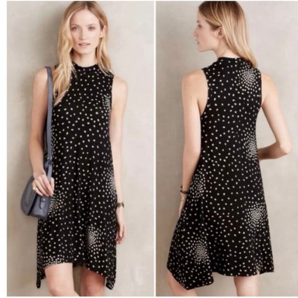 Anthropologie Maeve Lilt Polka Dot Black Cream Mock Neck Swing‎ Dress Size Small